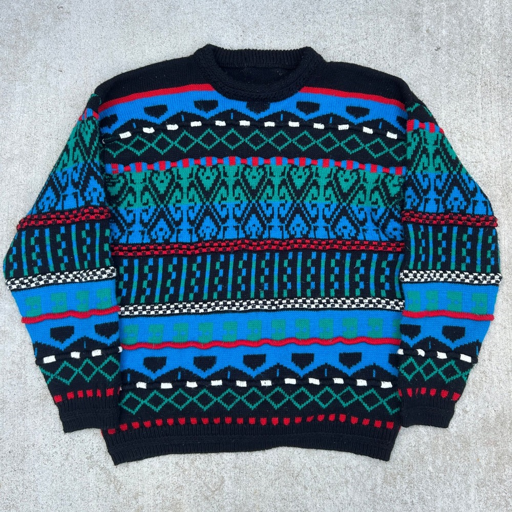Vintage 90s 3D Knit Sweater XL Multicolor Geometric Coogi Style Streetwear Retro